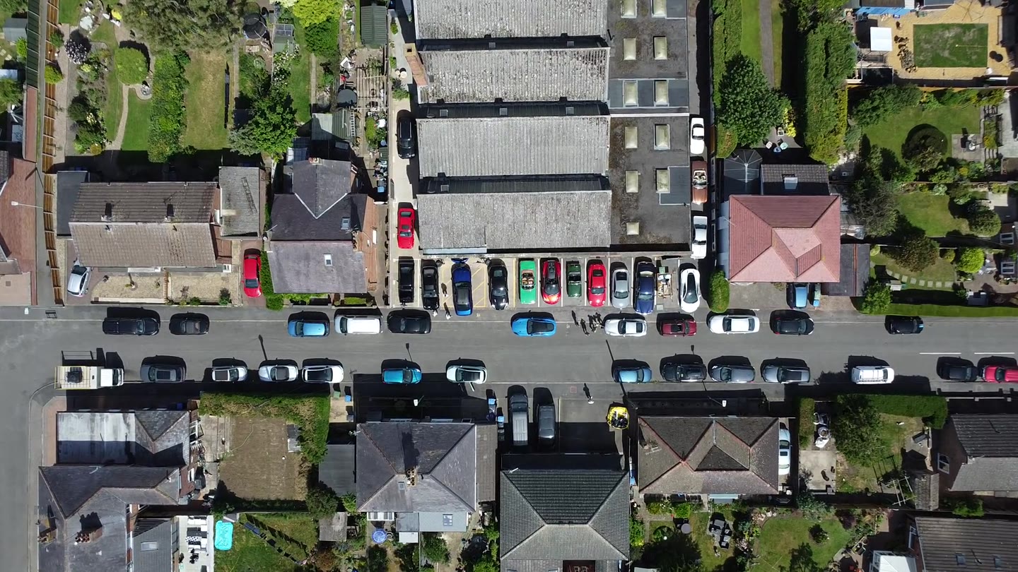 Automotive building and neighbouring roofs seen directly from above
